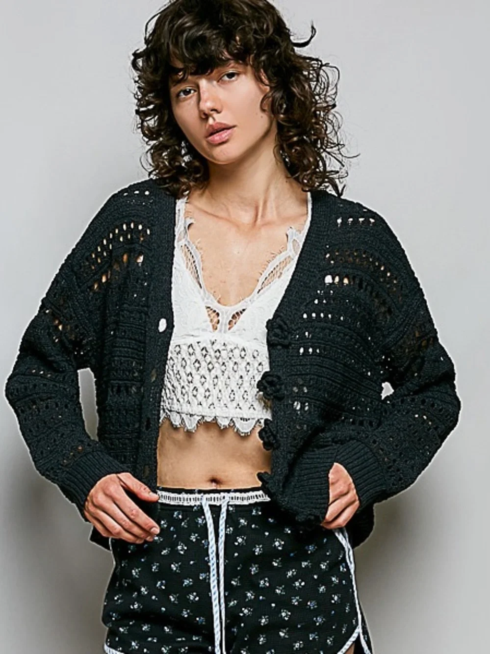 💗Hello Gorgeous! POL Open-Knit Floral Button Cardigan-Black